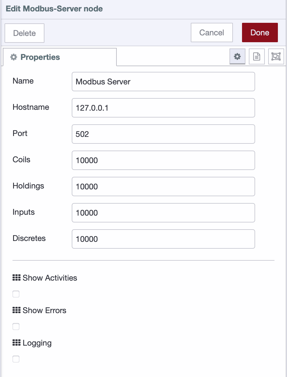 Configuring the Modbus server node