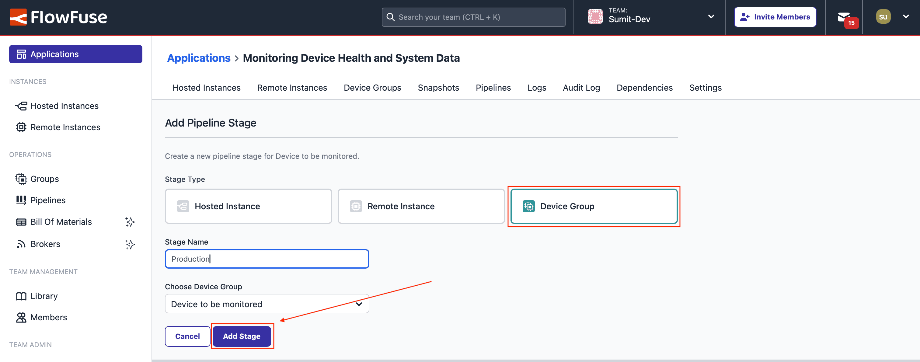 Image showing the form to add a stage, where a stage is being added for a Device Group.